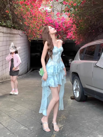 Sheath Spaghetti Straps Light Blue Ruffles Party Beach Dresses Birthday Outfits SD557